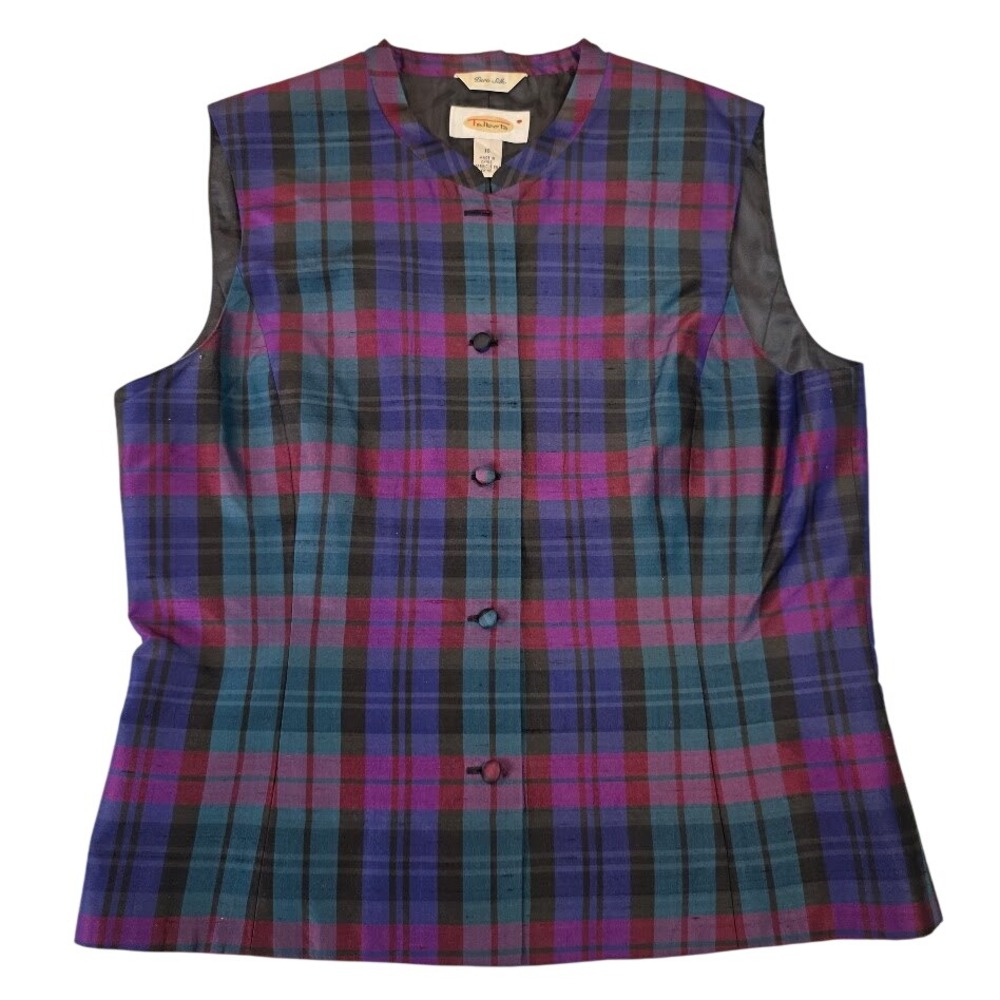 VTG Talbots Womens 10 Silk Vest Purple Teal Plaid Mandarin Collar Button Front
